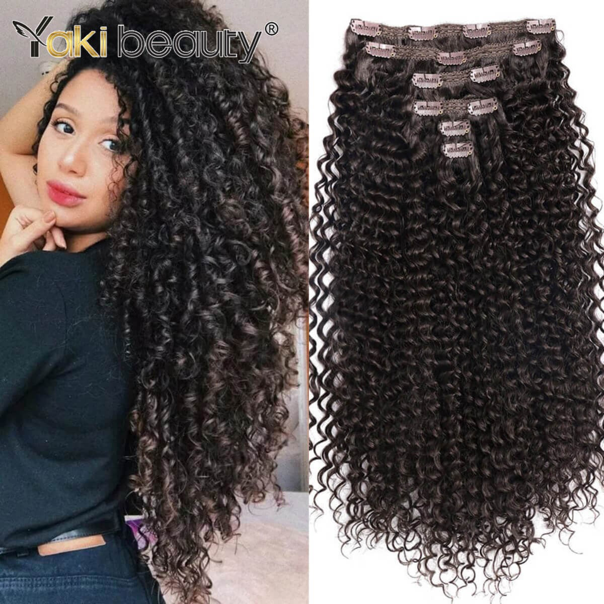 Extensões de Cabelo Sintético Jerry Cacheado 26'' Dupla Trama 6 Peças/Conjunto Clip-In Cabeça Cheia Orgânico Seda Gelo Aplique Preto/Marrom 160g