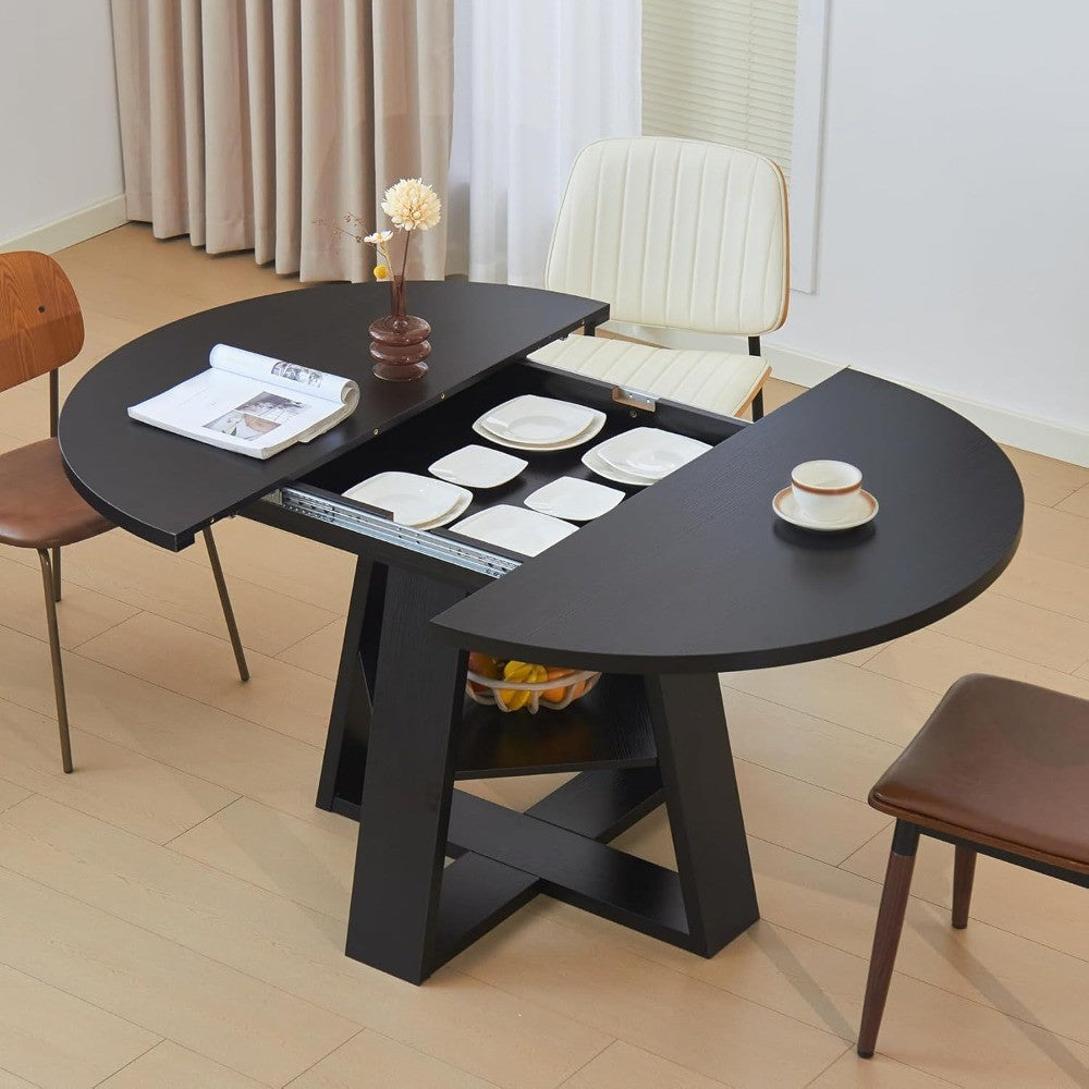 Mid Century Modern Extendable Dining Table Seats 4-8, Round & Oval with Hidden Leaves for Space-Saving