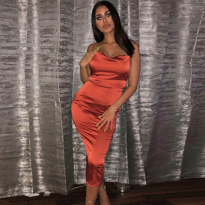 Neon Satin Lace Up Women's Long Midi Dress Light Pink Bodycon Backless Elegant P