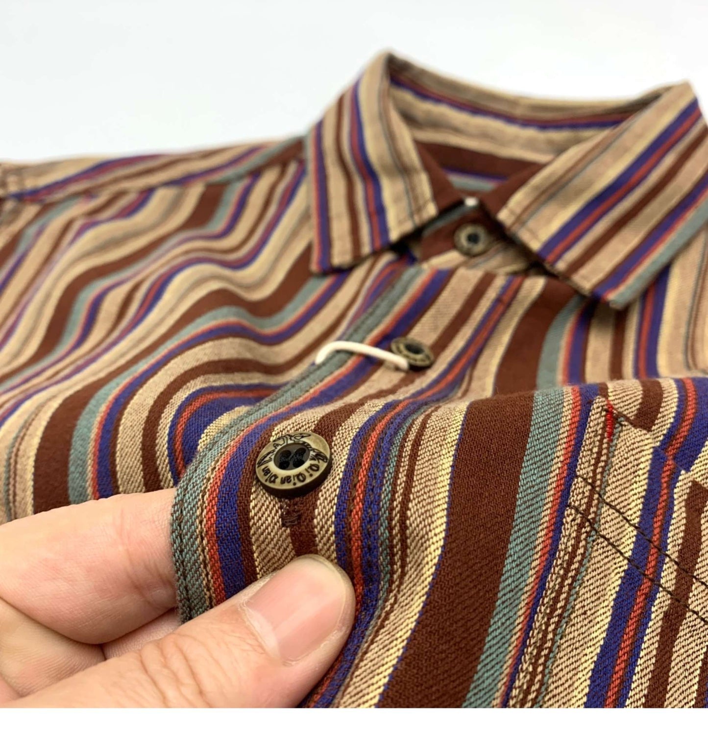 Amikaki Ethnic Style Men's Pure Cotton Colorful Stripes Shirt Loose Ancient Cargo Long Sleeved Shirt Jacket With Chest Pocket