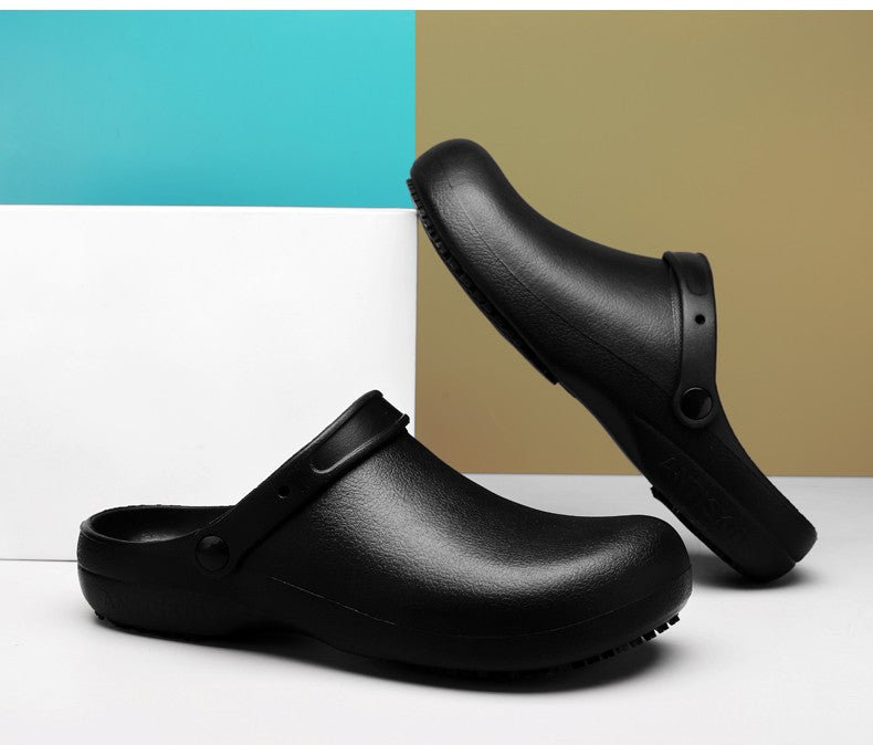 Pure Black Anti Skid Rubber Sandals Chef Shoes Kitchen Cook Waterproof Garden Shoes Clogs Without Holes Plus Big Size 47 48 49