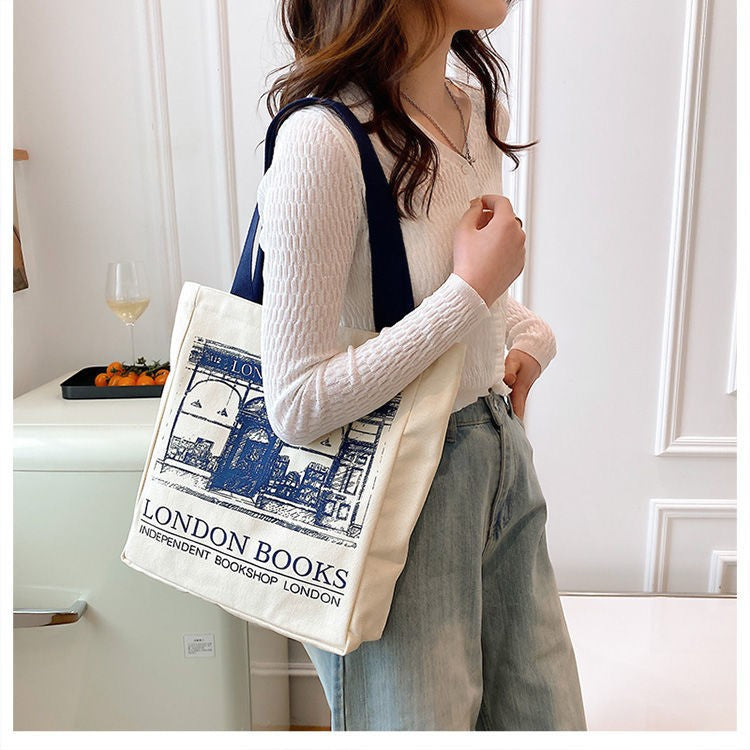 Canvas Women Handbags Shoulder Underarm Bag London Books Print Handbag Large Capacity Ladies Shopping Tote Bag Student Book Bags