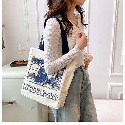 Canvas Women Handbags Shoulder Underarm Bag London Books Print Handbag Large Capacity Ladies Shopping Tote Bag Student Book Bags