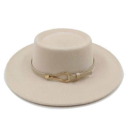 Acessórios femininos de fivela de couro metal com chapéu de feltro de pele com top côncavo e convexo, chapéu fedora e conjunto de bolsa combinando, estilo retrô