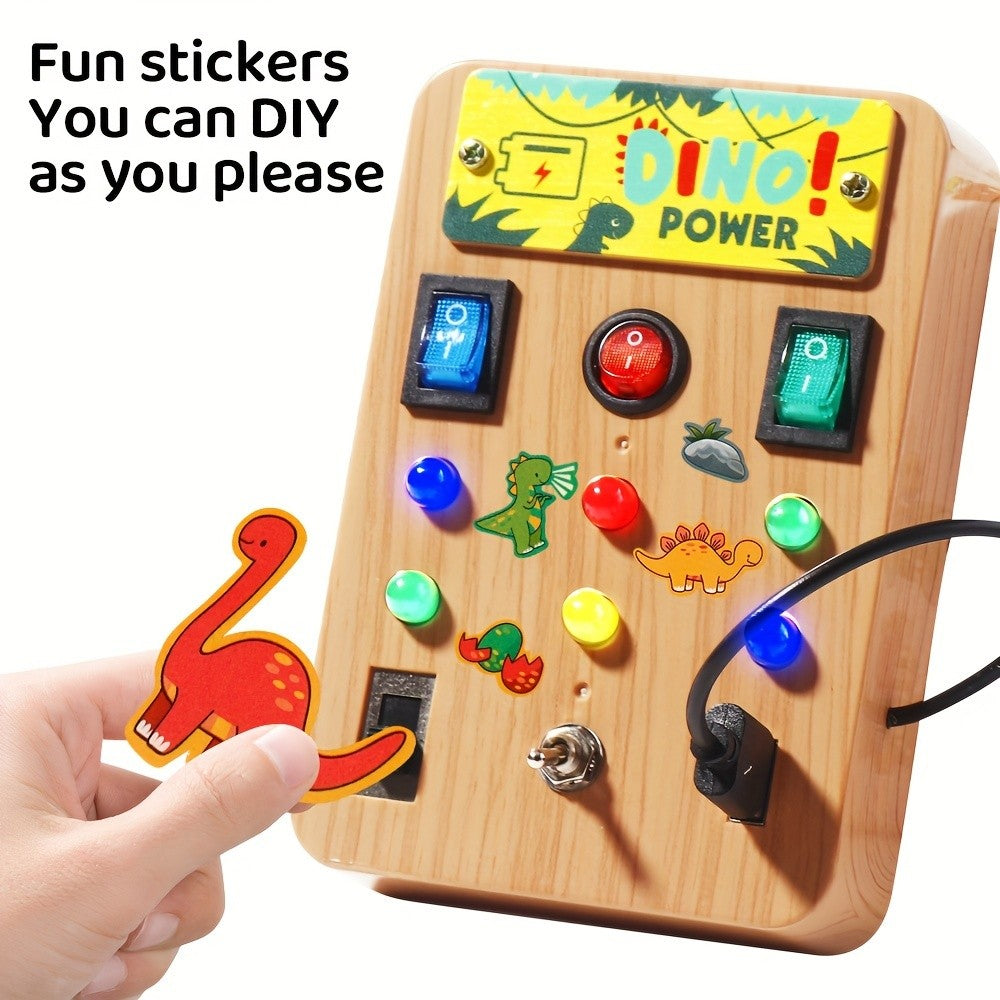 Dinosaur Switch Busy Board Toy Set for Toddlers 18M+ with 6 LED Lights, Dino-Themed ABS Early Education Puzzle for Color & Shape