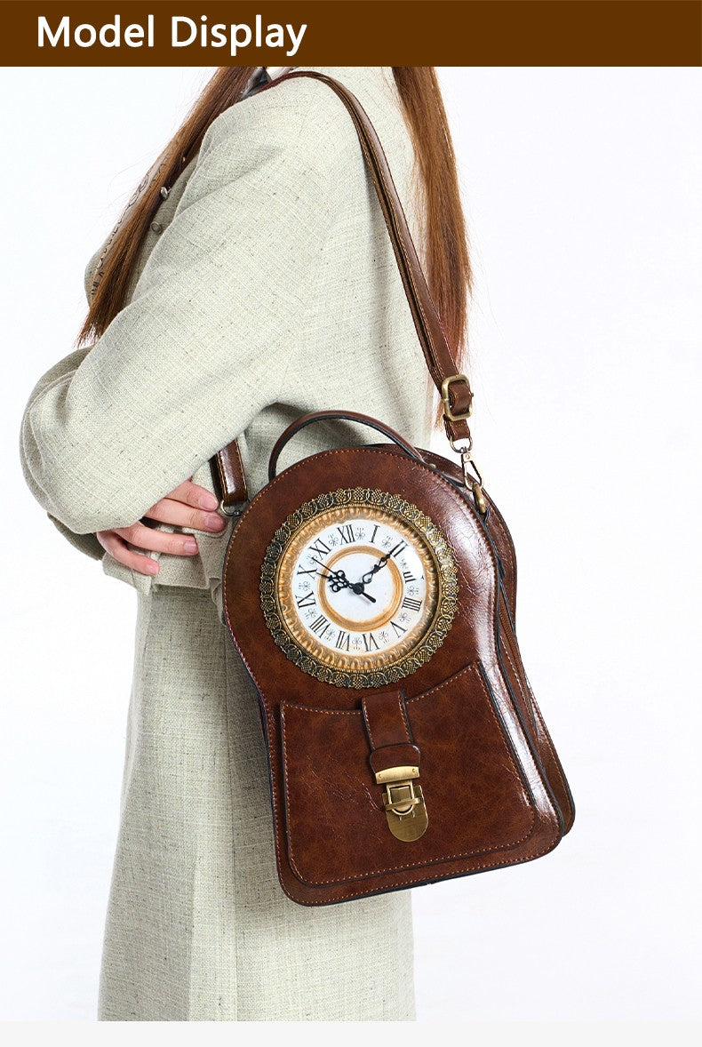 Vintage Clock Backpack, Clock-Style Fashion Shoulder Bag, Crossbody Backpack, Trendy Cool Clock Design, Large-Capacity Multifunctional Travel Bag, British Style Vertical Party Backpack, Waxed Leather Three-Dimensional Bag, Holiday Gift for Christmas