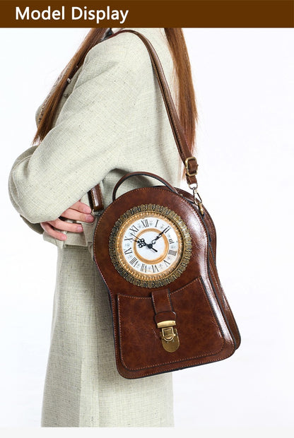 Vintage Clock Backpack, Clock-Style Fashion Shoulder Bag, Crossbody Backpack, Trendy Cool Clock Design, Large-Capacity Multifunctional Travel Bag, British Style Vertical Party Backpack, Waxed Leather Three-Dimensional Bag, Holiday Gift for Christmas