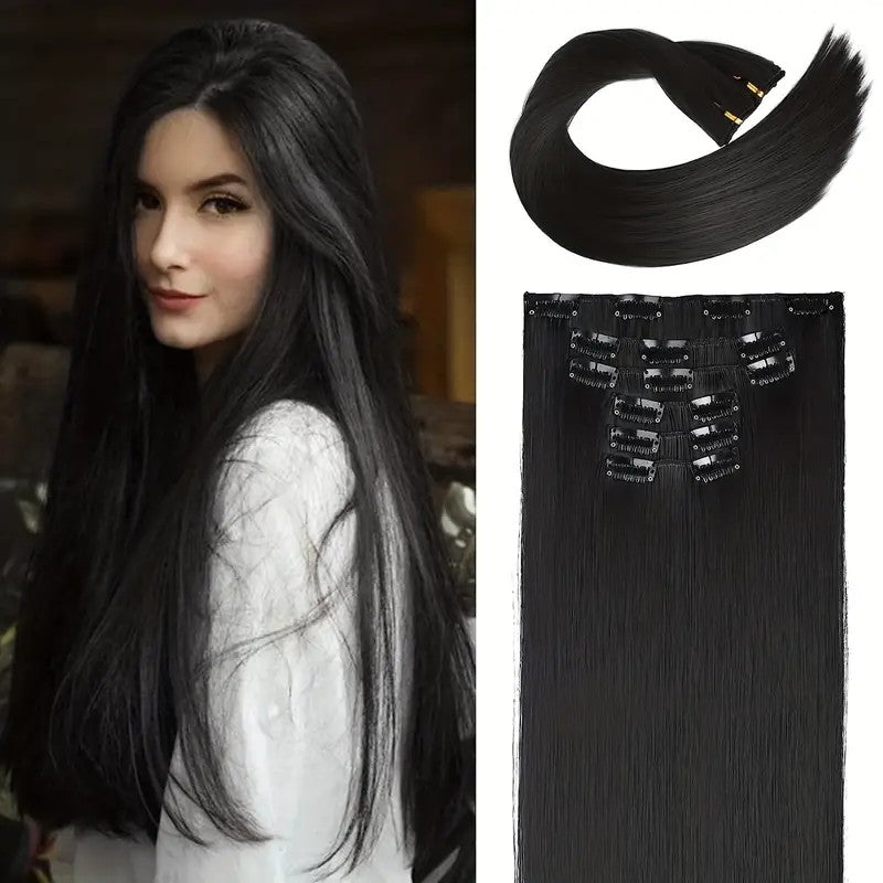 Extensões de Cabelo Sintéticas Lisas Longas com 16 Grampos para Mulheres e Meninas Acessórios para Cabelo