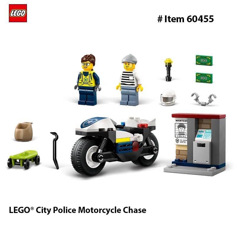 LEGO 60455 City Perseguição Policial de Moto, Brinquedo de Construção para Crianças - Blocos de Montar para Brincadeiras de Faz de Conta para Meninos e Meninas, Presente de Aniversário