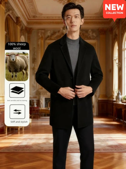 Men's 100% Wool Blend Overcoat - British-Inspired Mid-Length Trench Coat for All-Weather Smart Casual Wear