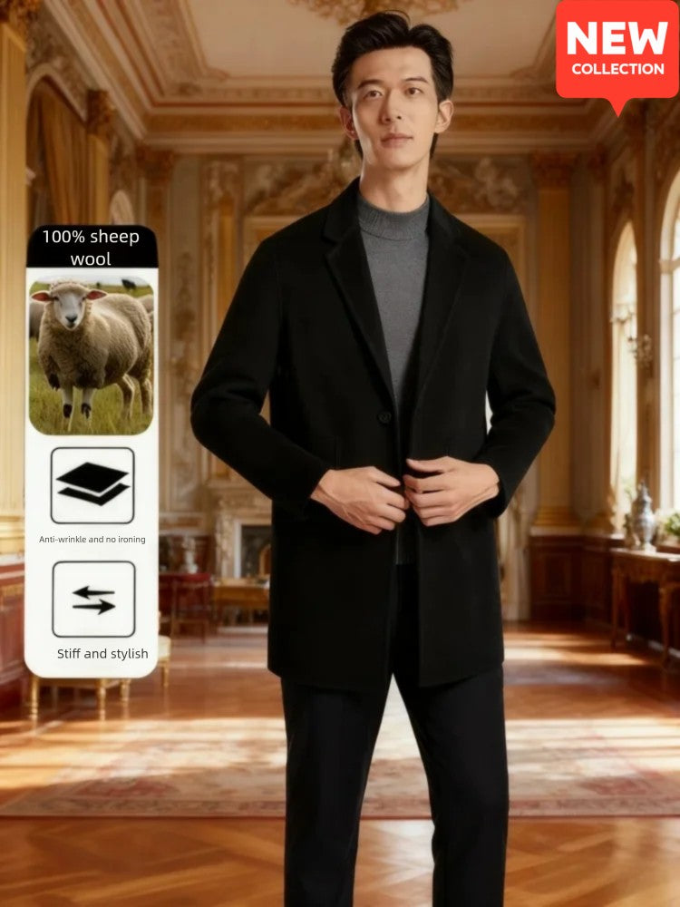 Men's 100% Wool Blend Overcoat - British-Inspired Mid-Length Trench Coat for All-Weather Smart Casual Wear