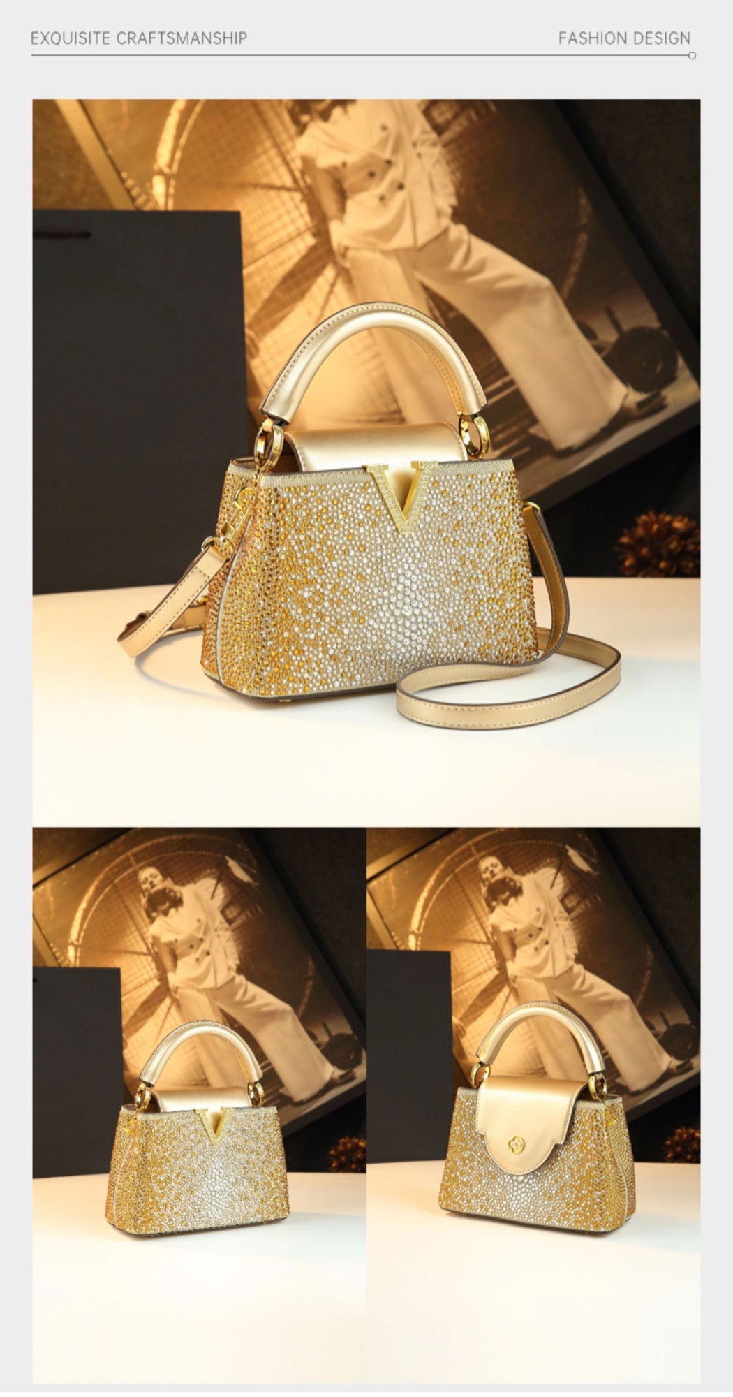 Luxury Fashion Diamonds Women's Handbags 2025 New V Letter Small Shoulder Crossbody Bag Genuine Leather Messenger Shell Bags