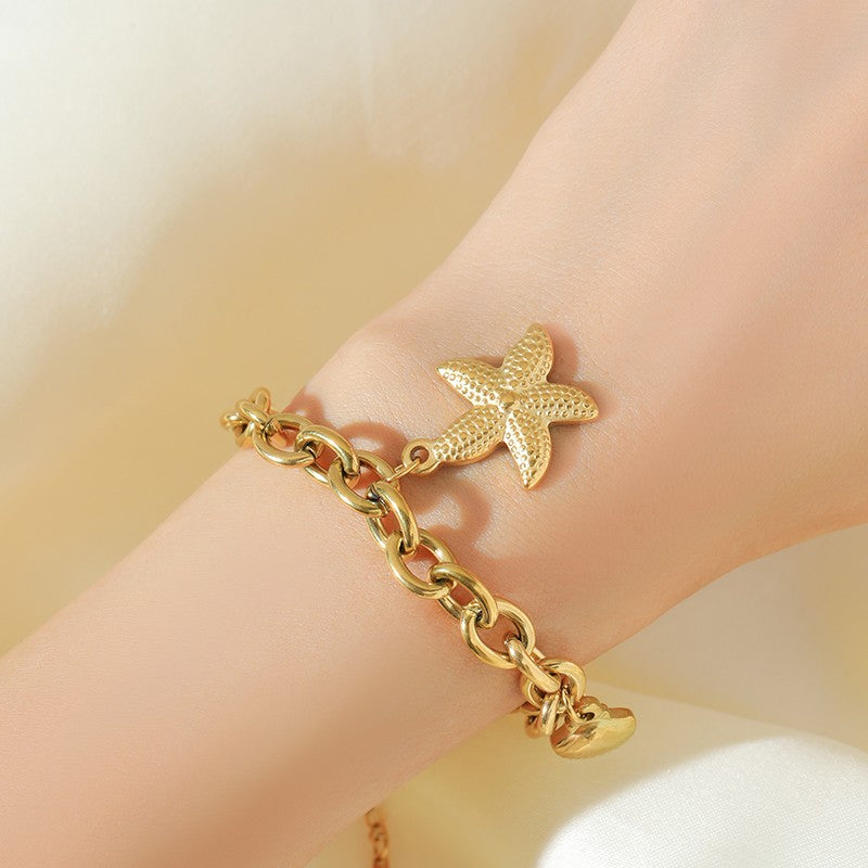 EILIECK Pulseira Feminina de Aço Inoxidável 316L Dourada com Estrela-do-mar, Lua e Estrela, Joia da Moda, Presente para Festa