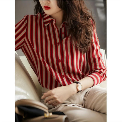 French Style Fashion Spring Shirts New Women's Polo-Neck Striped Single Breasted Simplicity Versatile Loose Long Sleeve Tops