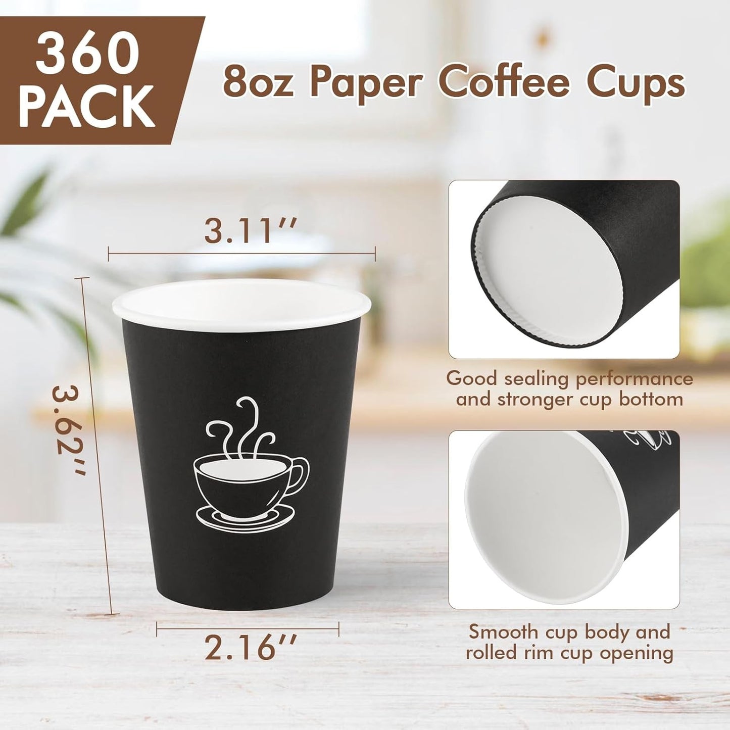 360 Pack 8 oz Paper Coffee Cups, Disposable Black Paper Cups for Hot Beverage, Drinking Water, Used for Cafes, Offices a