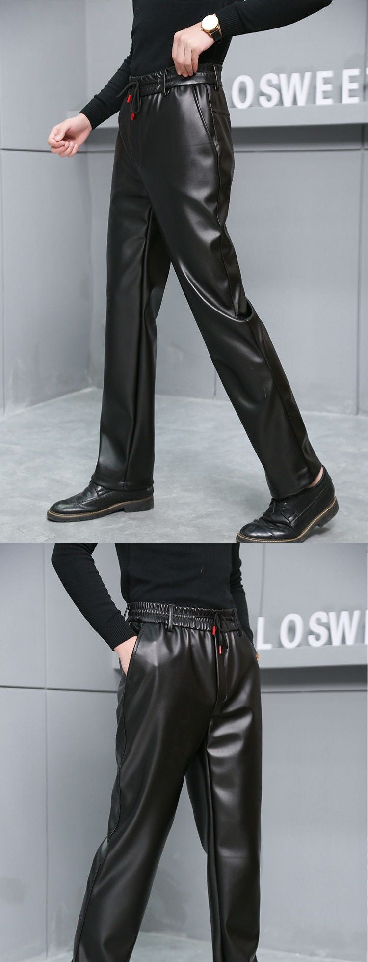 Men's Loose High-Waisted Fce-Lined Thiened Motorcycle Leather Pants Windproof Waterproof Busin Casual Long Trousers