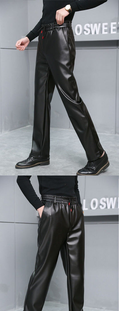 Men's Loose High-Waisted Fce-Lined Thiened Motorcycle Leather Pants Windproof Waterproof Busin Casual Long Trousers