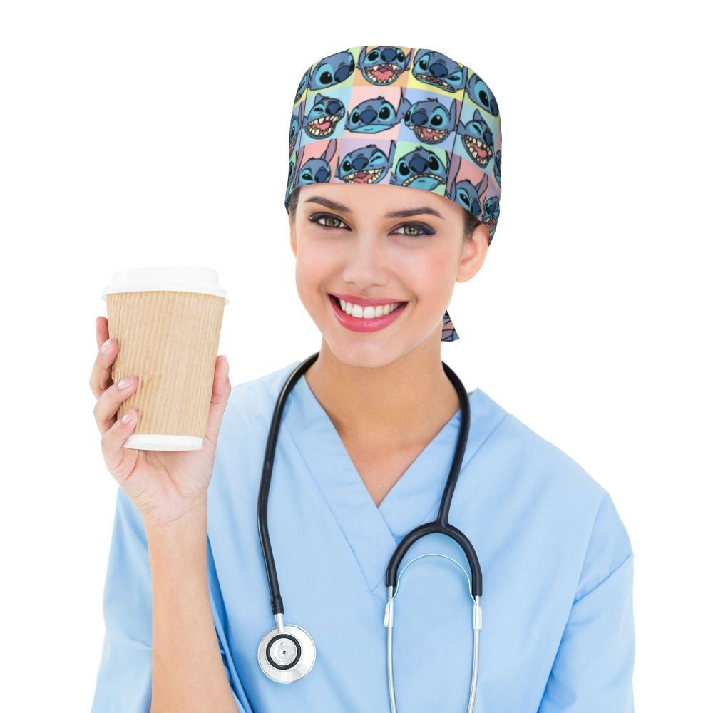 Custom Retro Cartoon Cleaning Working Cap Comfortable  Stitch Ohana Scrub Cap Surgicals Hat Nurse Scrubs Hat For Dentist