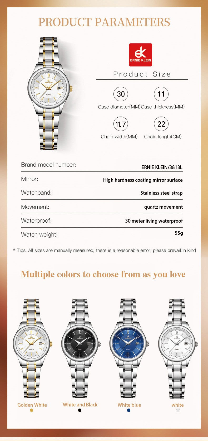 ERNIE KLEIN Women‘s Watches Simple Luxury Fashion Elegant Female Wristwatch Waterproof Luminous Date Exquisite Gift for Girl