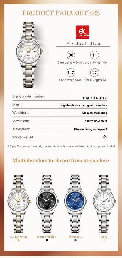 ERNIE KLEIN Women‘s Watches Simple Luxury Fashion Elegant Female Wristwatch Waterproof Luminous Date Exquisite Gift for Girl