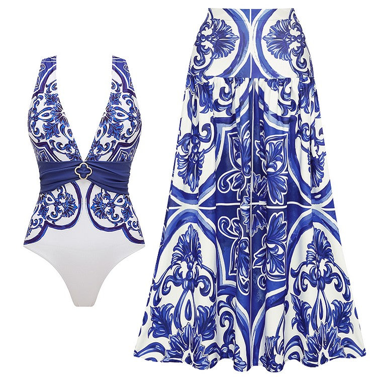 Flaxmaker Classic Women Sexy Bikini Sets Long Sleeves Majolica Series Pattern Print One Piece Swimsuit Skirt Biquini Beachwear