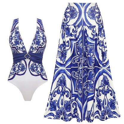 Flaxmaker Classic Women Sexy Bikini Sets Long Sleeves Majolica Series Pattern Print One Piece Swimsuit Skirt Biquini Beachwear