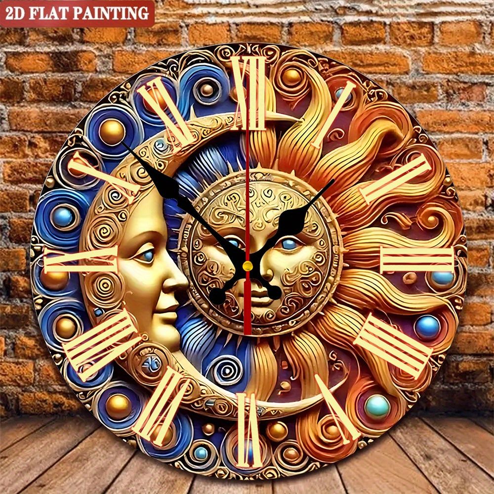 Sun & Moon Wall Clock. Roman numerals, vintage silent design for living room or bedroom.