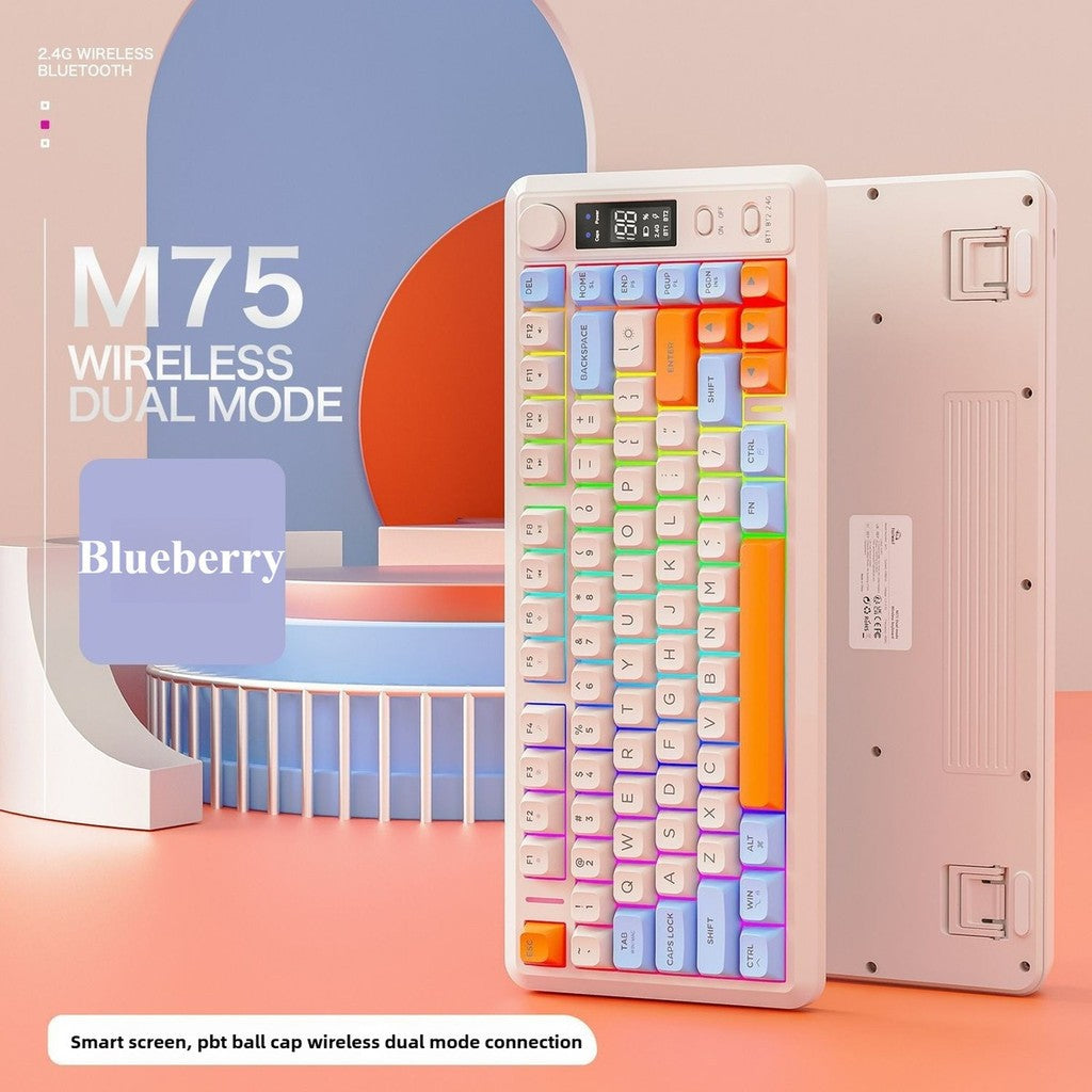 Teclado Gamer Sem Fio Compacto FREE WOLF M75 82 Teclas - Modo Duplo (Bluetooth/2.4G) Retroiluminação RGB Tela OLED Bateria Grande