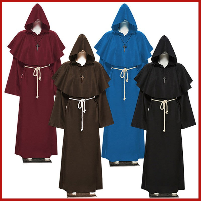Medieval Monk Cosplay Wizard Hooded Robe Steampunk Priest Horror Cloak For Men Unisex Mask Hat Costume Halloween Masquerade Cape