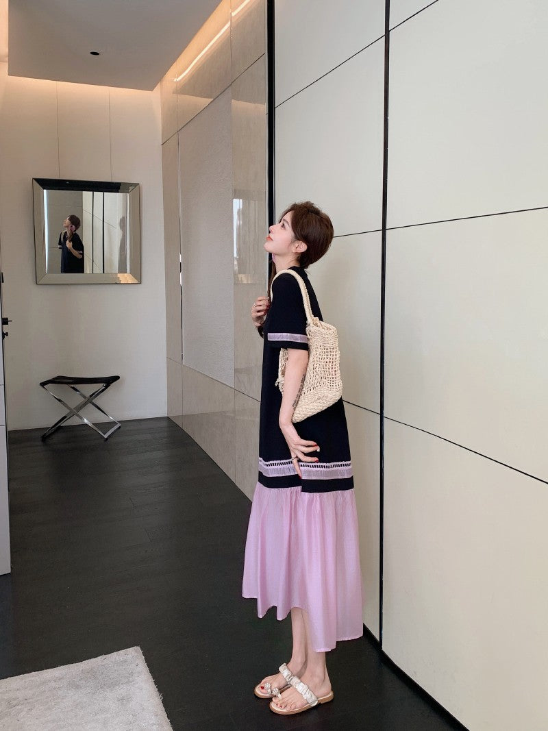 NYFS 2025 Summer Dress Loose plus Size Black Patchwork Pink Hem Long Dresses Robe Elbise Short Sleeve Korean Style Woman Dress