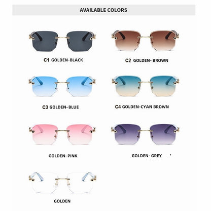Square Sunglasses For Men Women Fashion Metal Leopard Head Rimless Eyewear Travel And Driving Shades Oculos De Sol UV400