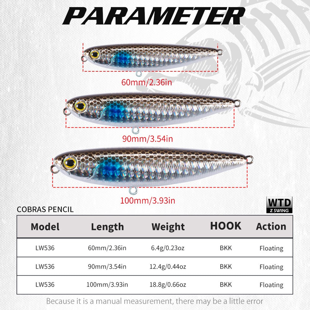 Isca Artificial Hunthouse Topwater Pencil 60/90/100mm 6.4/12.4/18.8g Flutuante de Superfície Iscas Top Water para Robalo e Lúcio