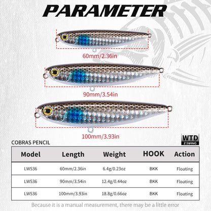 Isca Artificial Hunthouse Topwater Pencil 60/90/100mm 6.4/12.4/18.8g Flutuante de Superfície Iscas Top Water para Robalo e Lúcio