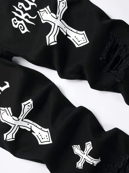 High street black youth cross print elastic hole patch tight jeans for men