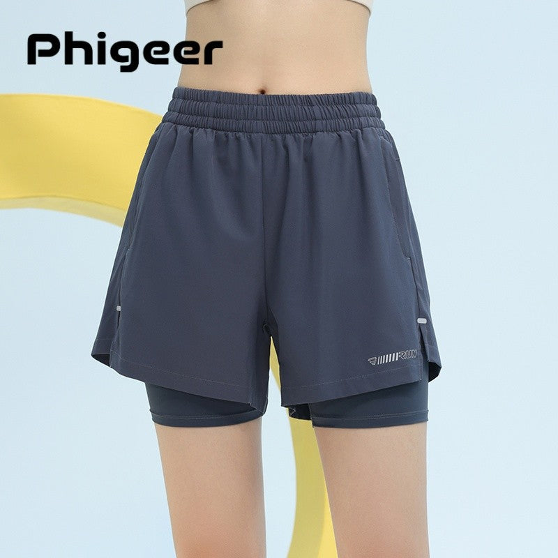 PHIGEER High Waist Yoga Shorts Summer 2 in 1 Quick Dry Workout Shorts with Pockets Women Lightweight Sweatshort Gym Clothes New