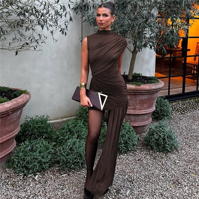 Balitops Summer Draped Ruched Sexy Mini Dress Women 2025 New Irregular High Wais