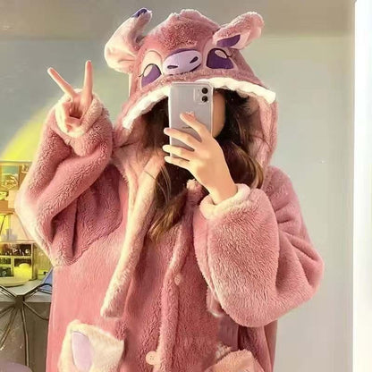Disney Stitch Winter Pajamas Cartoon Autumn And Winter Cute Coral Thickened Velvet Long Home Clothes Pajamas Girls Home Clothes