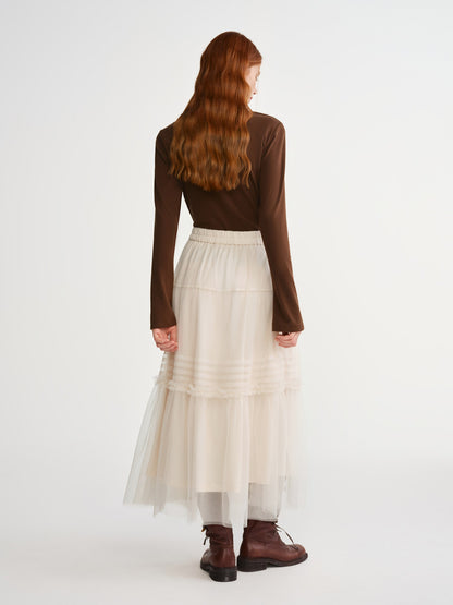 DUSHU Three-color Ruffled Mesh Skirt Women Pleated Mesh Straight Skirt Fairy Retro Gothic Cool Girls Elastic Waist Loose Fit