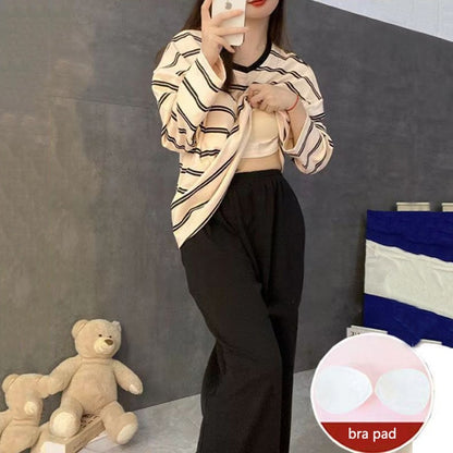 Women's Fall Pajamas with Chest Pads Striped Long Sleeve Plus Size O-Neck Simple Casual Fashion Korean School Pajamas Homewear