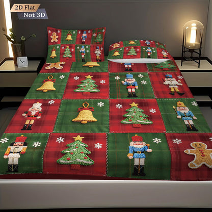Conjunto de 3 peças de lençol sem elástico com estampa de Natal e emenda de tecido, vários tamanhos, colcha macia, decoração de quarto, lavável à máquina