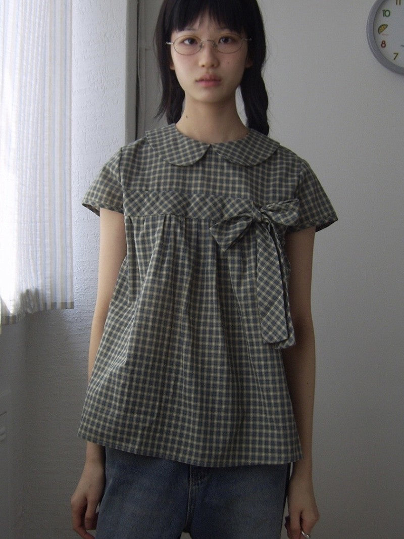 Vintage Plaid Shirts Women Japanese Harajuku Bow Peter Pan Collar Blouses Summer Korean Aesthetic Short Sleeve Casual Tops New