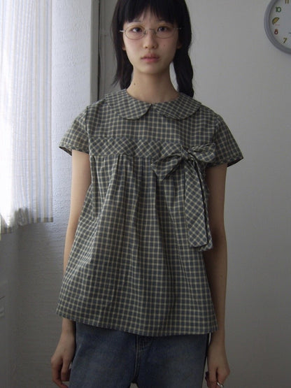 Vintage Plaid Shirts Women Japanese Harajuku Bow Peter Pan Collar Blouses Summer Korean Aesthetic Short Sleeve Casual Tops New