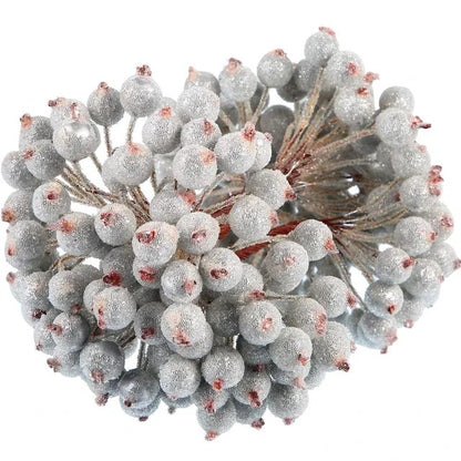 Wholesale Artificial Frosted Berry Mini Double Head Christmas Holly Red Gold Silver Berries Flowers Wreath Xmas Party Decoration
