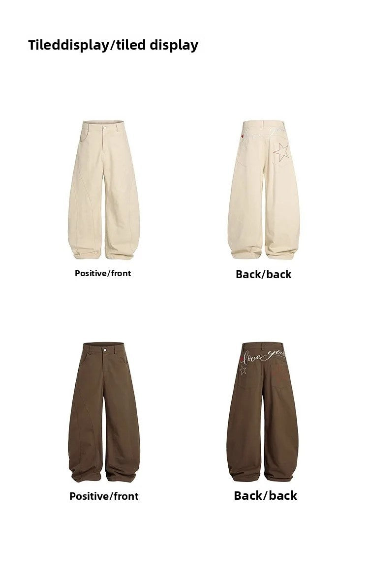 Retro American Star Letter Embroidery Wide Leg Jeans Men's Loose Long Trousers Workwear Pants Summer Denim Low Waist Straight