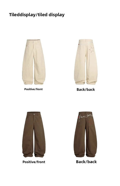 Retro American Star Letter Embroidery Wide Leg Jeans Men's Loose Long Trousers Workwear Pants Summer Denim Low Waist Straight