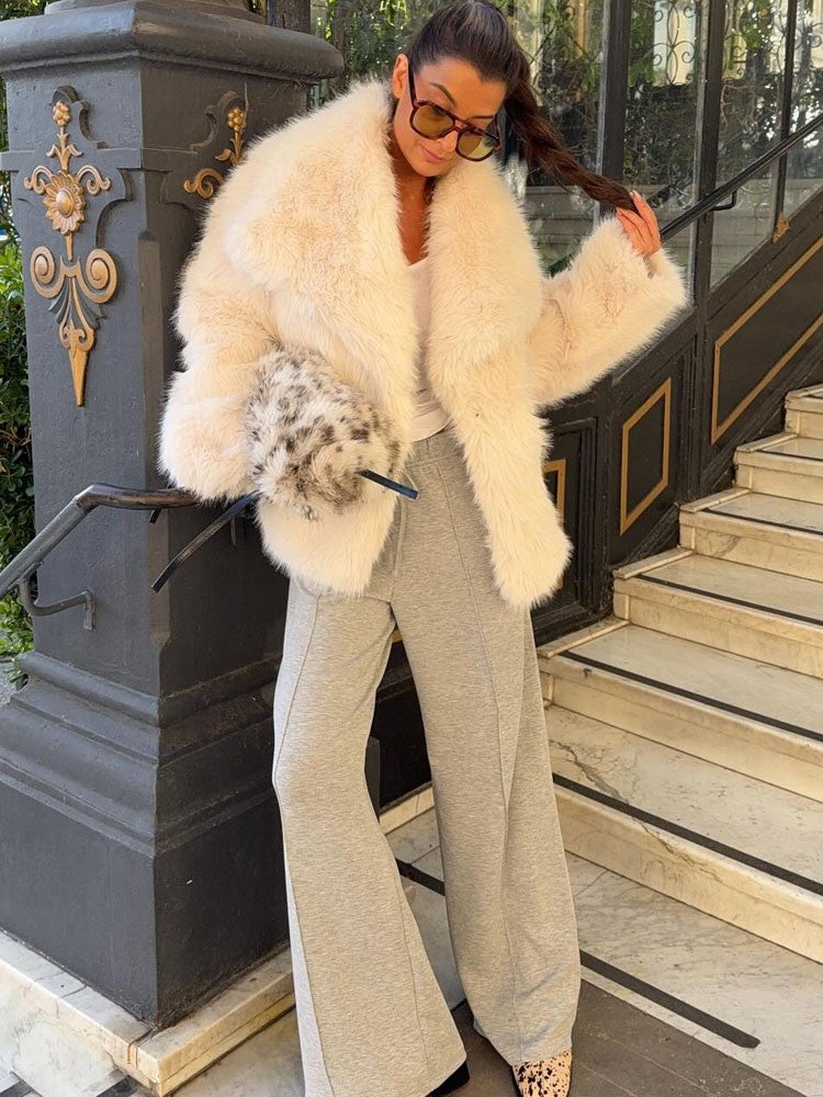 HH 2025 Vintage Women Cropped Faux Fur Jacket Long Sleeve Turn-Down Collar Female Plush Wool Coats Chic Lady Fur Outerwear