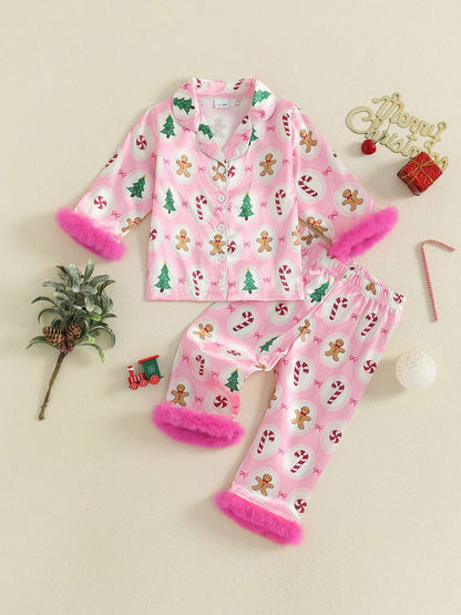 Girls Christmas Satin Pajama Set with Reindeer Print Lapel Long Sleeve Button Down Top and Matching Pants Sleepwear