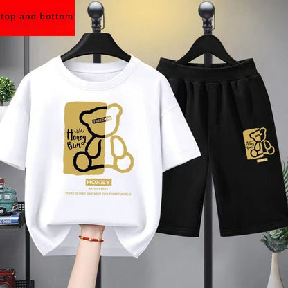 Conjunto de roupas de verão para bebês meninos, camiseta e shorts de urso estampado de desenho animado, 2 peças, agasalho casual para crianças