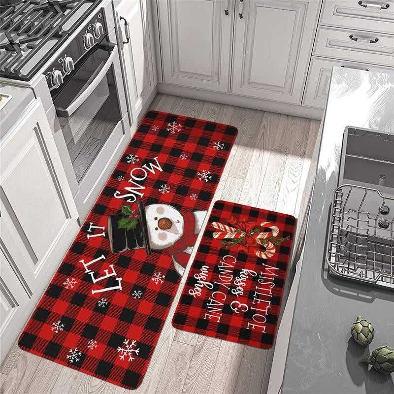 VIKAMA Christmas Eve Kitchen Snowflake Printed Floor Mat Anti-Slip Long Strip Set for Home Entry Area Household Decorative Rug