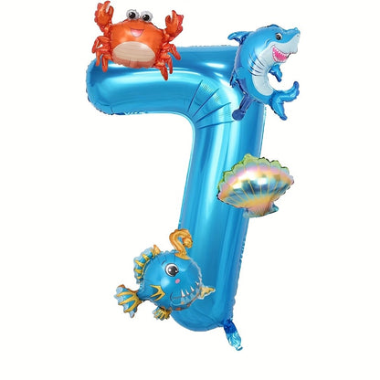 5Pcs Mini Blue Ocean Balloon Set Blue Number Balloon Set Ocean Animals Shark Crab Themed Birthday Party Decorations Gifts
